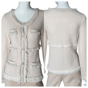 INC International Concepts Ivory Button Down Fringe Trim 4 Pocket Cardigan Sz L